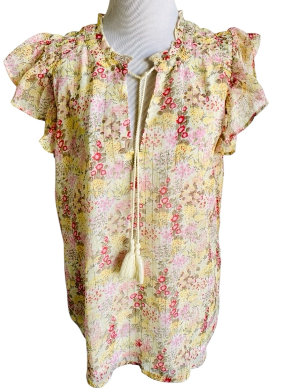 LUCKY BRAND Floral Ruffle Sleeve Tie-Neck Tassel Top Blouse Yellow Large Summer